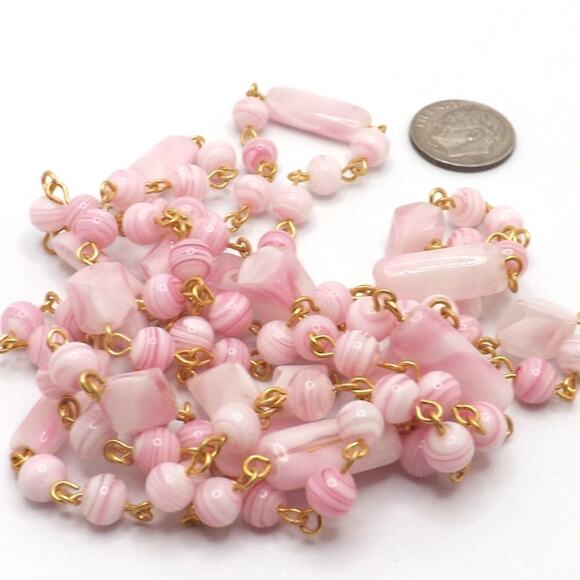 Pink Art Glass Beaded Necklace, Gold Tone Wire Wrap, Vintage, 23 Inch, No Clasp - Picture 11 of 11